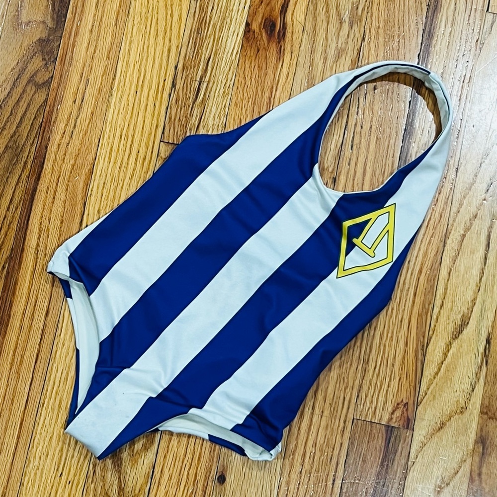 The Animals Observatory Blue and White Striped Kids One Piece Swimsuit
